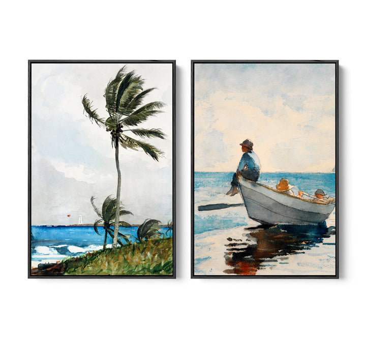 Palm Tree and Boys In Dory by Winslow Homer- Two Piece Set of Contemporary Women As Stretched Canvases or Fine Art