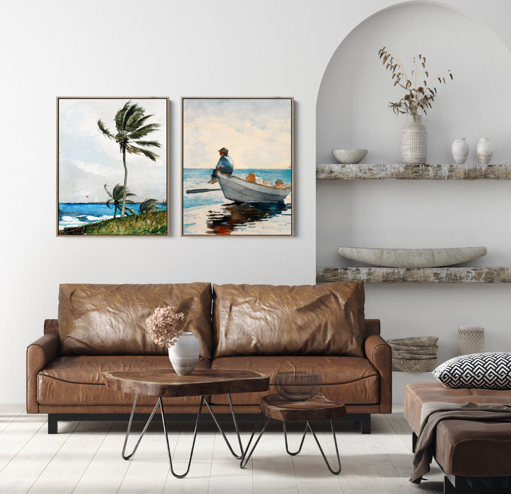 Palm Tree and Boys In Dory by Winslow Homer- Two Piece Set of Contemporary Women As Stretched Canvases or Fine Art