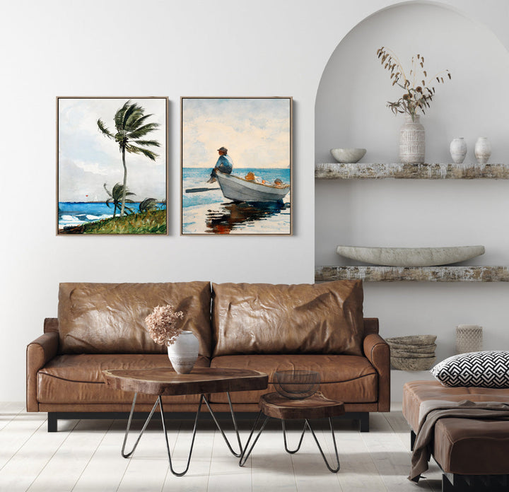 Palm Tree and Boys In Dory by Winslow Homer- Two Piece Set of Contemporary Women As Stretched Canvases or Fine Art