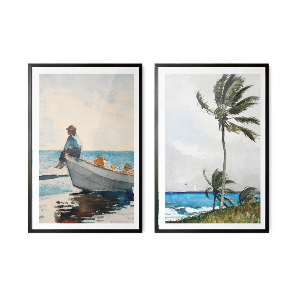 Palm Tree and Boys In Dory by Winslow Homer- Two Piece Set of Contemporary Women As Stretched Canvases or Fine Art