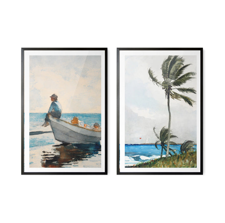 Palm Tree and Boys In Dory by Winslow Homer- Two Piece Set of Contemporary Women As Stretched Canvases or Fine Art