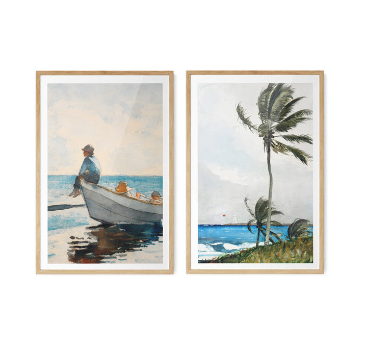 Palm Tree and Boys In Dory by Winslow Homer- Two Piece Set of Contemporary Women As Stretched Canvases or Fine Art