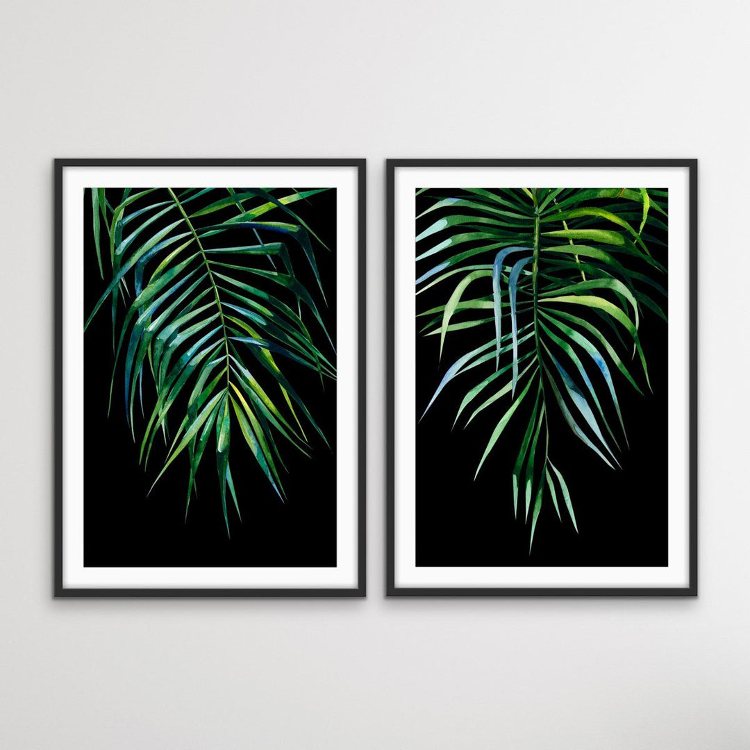 Palms On Black - Two Piece Watercolour Palm Illustrations On Black Background Diptych - I Heart Wall Art