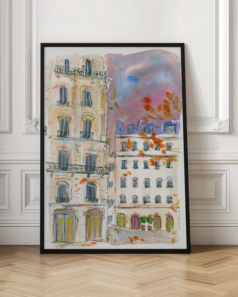 Paris street corner with purple sky - Stretched Canvas Poster or Fine Art Print