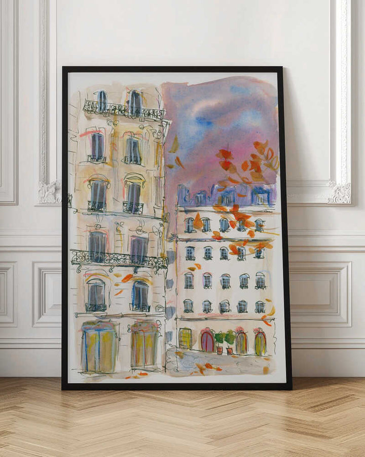 Paris street corner with purple sky - Stretched Canvas Poster or Fine Art Print
