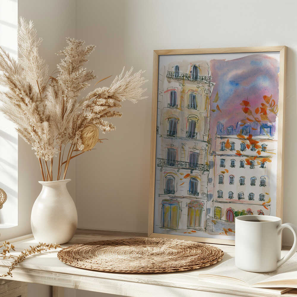 Paris street corner with purple sky - Stretched Canvas Poster or Fine Art Print