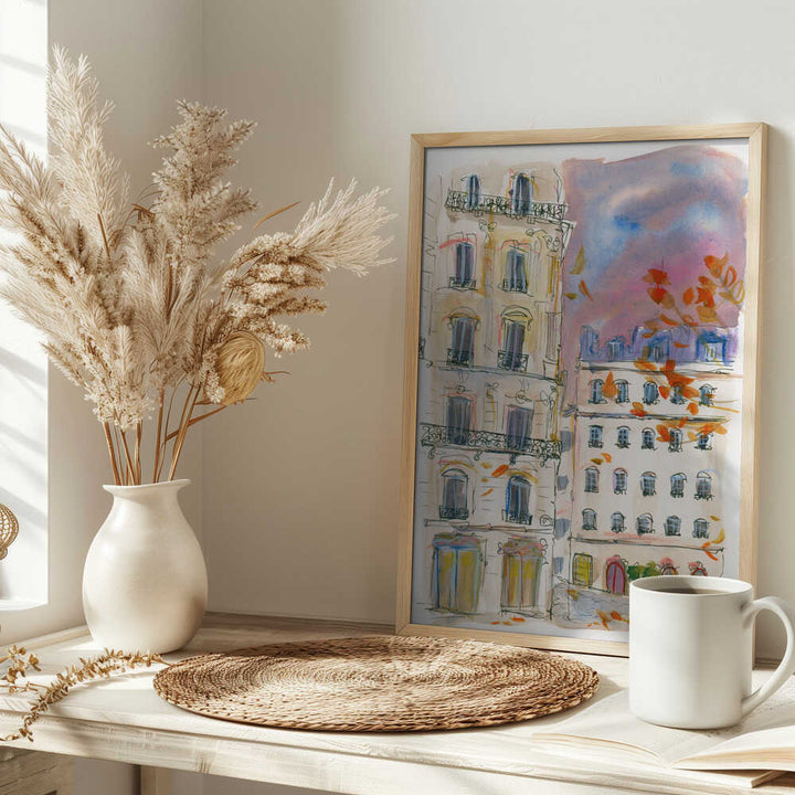 Paris street corner with purple sky - Stretched Canvas Poster or Fine Art Print