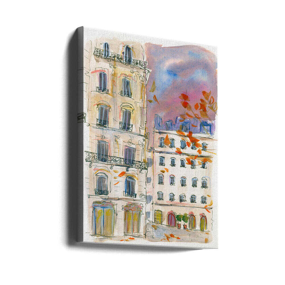 Paris street corner with purple sky - Stretched Canvas Poster or Fine Art Print