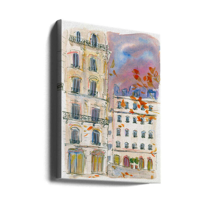 Paris street corner with purple sky - Stretched Canvas Poster or Fine Art Print