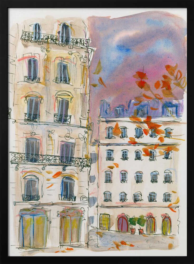 Paris street corner with purple sky - Stretched Canvas Poster or Fine Art Print