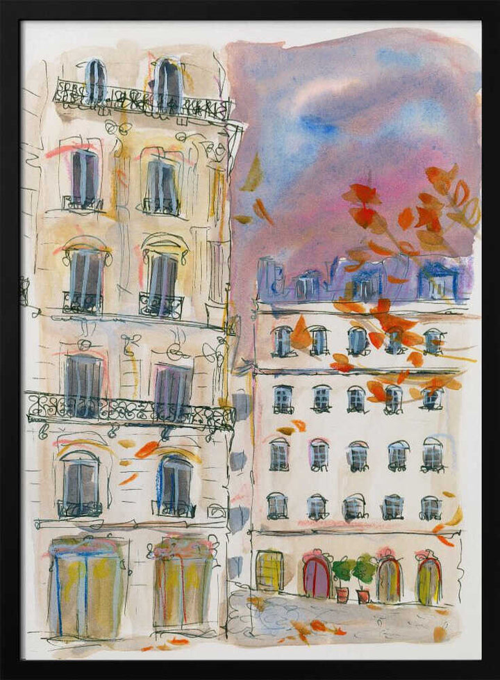 Paris street corner with purple sky - Stretched Canvas Poster or Fine Art Print