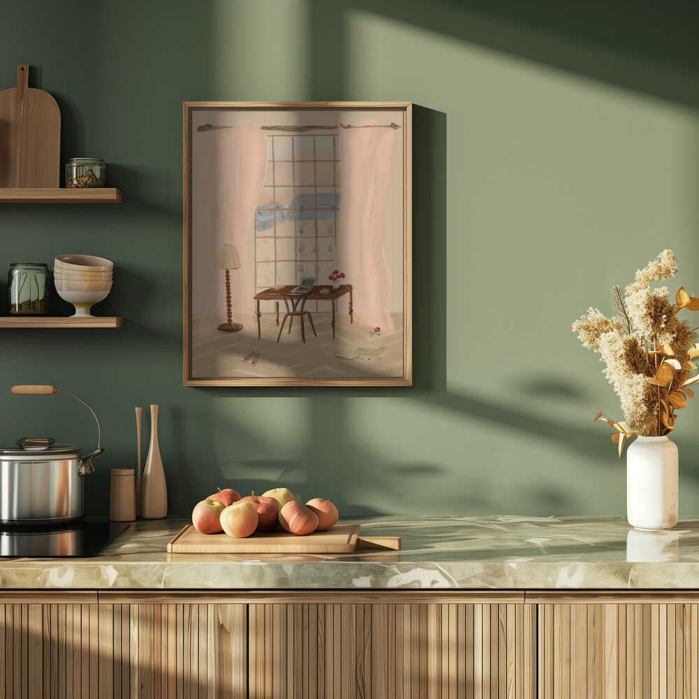 Paris Window View Illustration with Rustic Desk - Stretched Canvas Poster or Fine Art Print