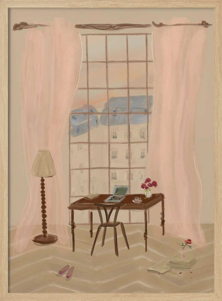 Paris Window View Illustration with Rustic Desk - Stretched Canvas Poster or Fine Art Print