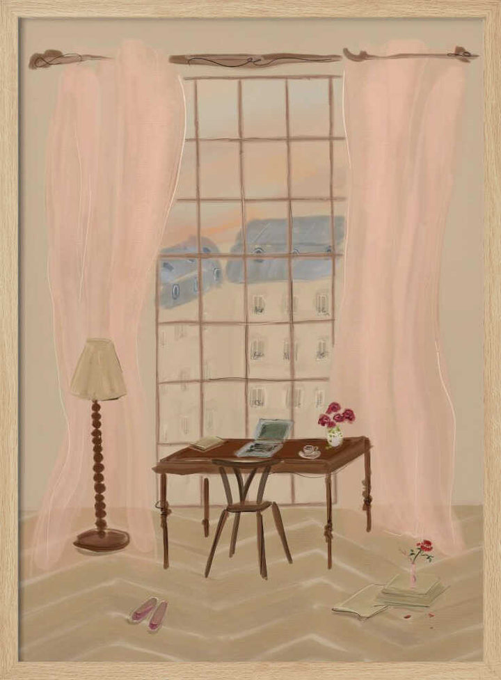 Paris Window View Illustration with Rustic Desk - Stretched Canvas Poster or Fine Art Print