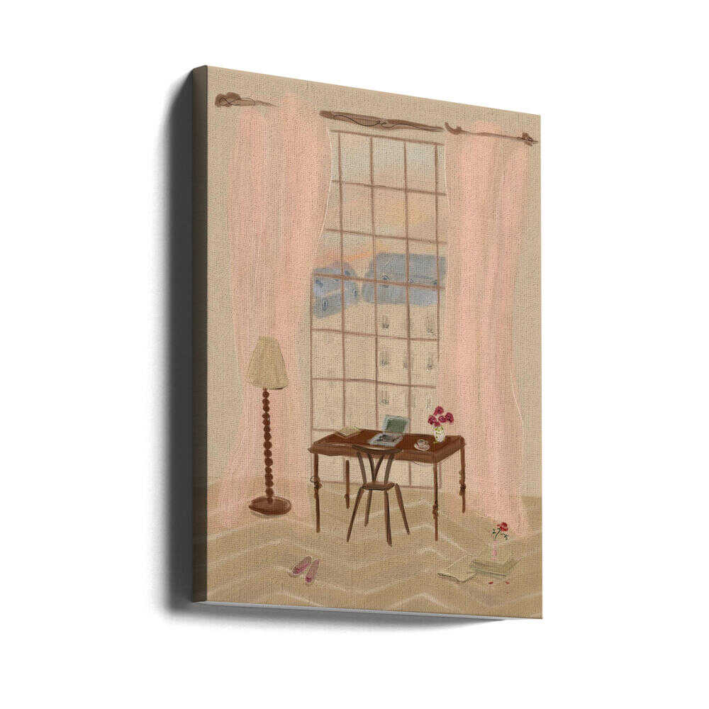 Paris Window View Illustration with Rustic Desk - Stretched Canvas Poster or Fine Art Print