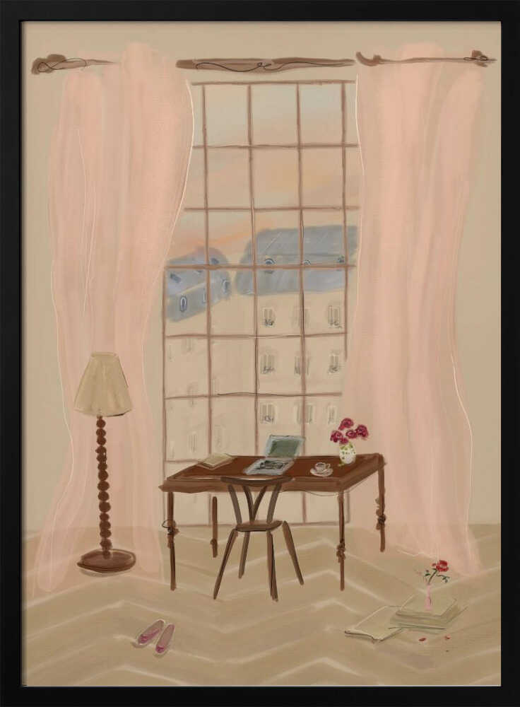Paris Window View Illustration with Rustic Desk - Stretched Canvas Poster or Fine Art Print