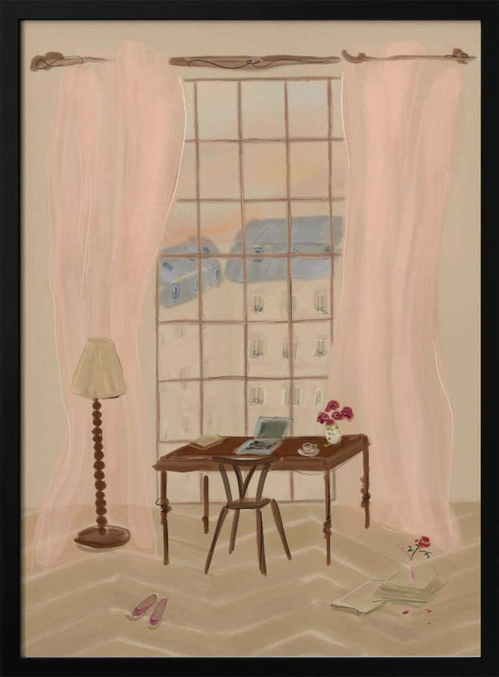 Paris Window View Illustration with Rustic Desk - Stretched Canvas Poster or Fine Art Print