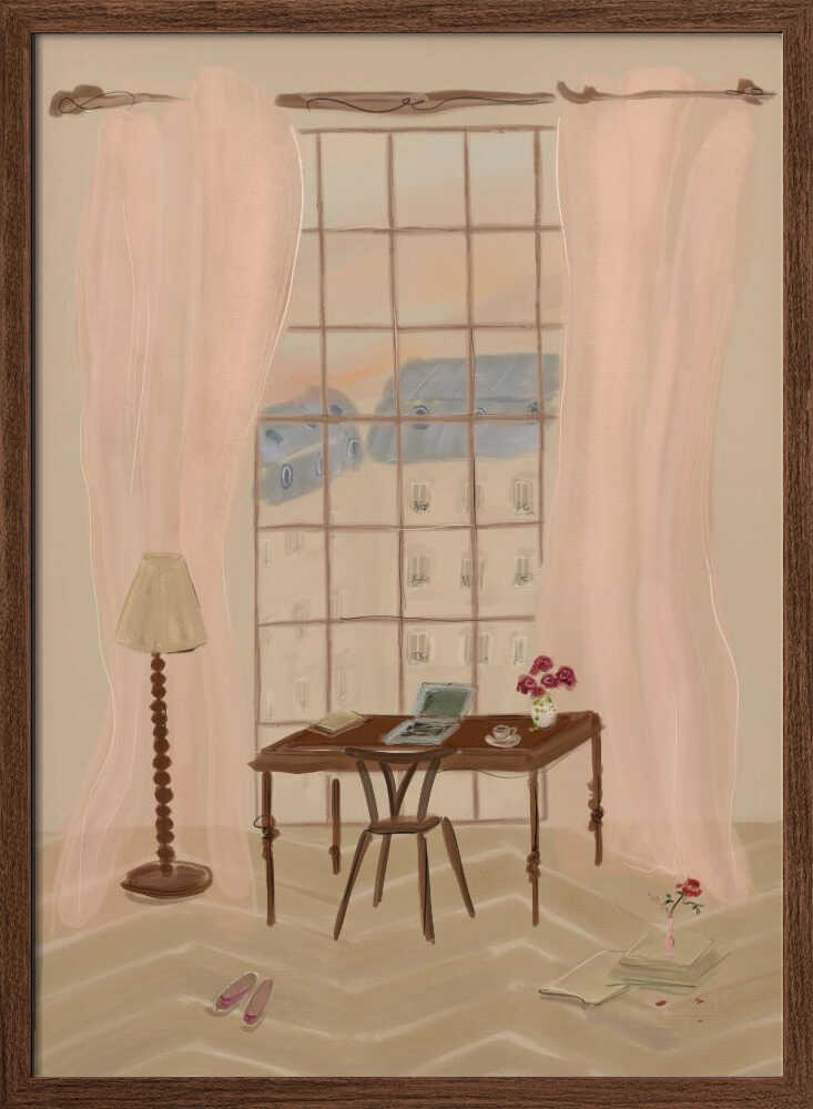 Paris Window View Illustration with Rustic Desk - Stretched Canvas Poster or Fine Art Print