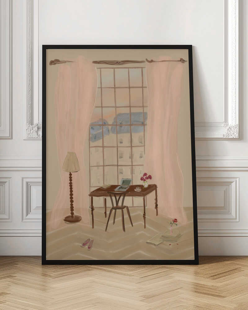 Paris Window View Illustration with Rustic Desk - Stretched Canvas Poster or Fine Art Print