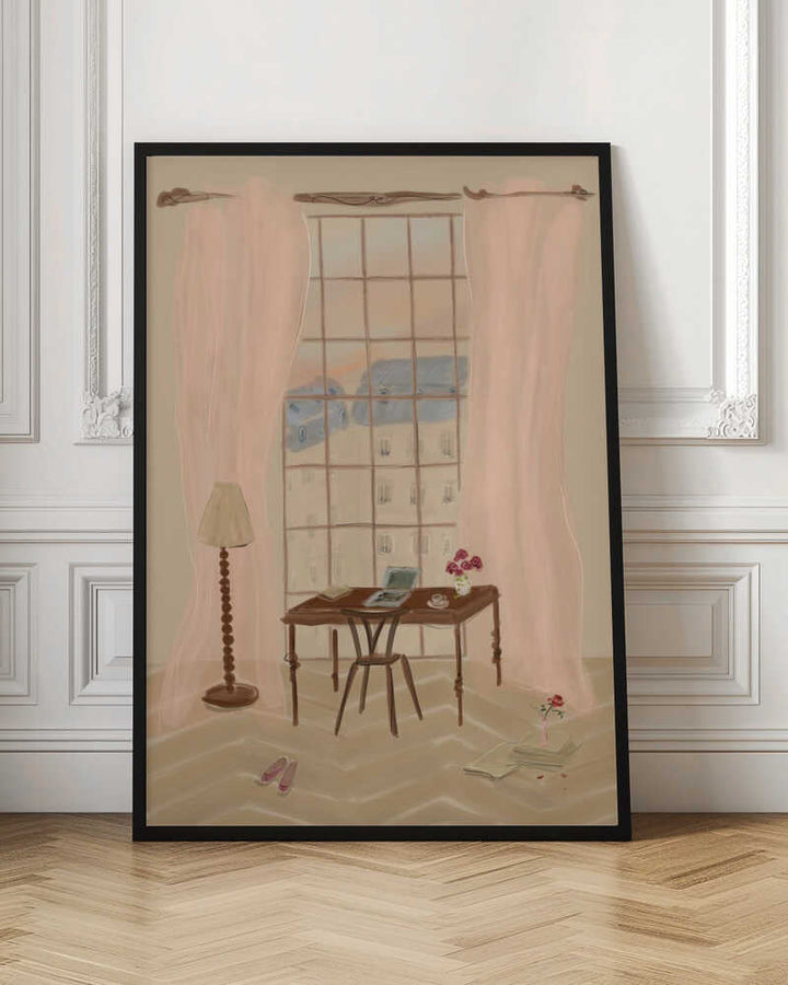 Paris Window View Illustration with Rustic Desk - Stretched Canvas Poster or Fine Art Print