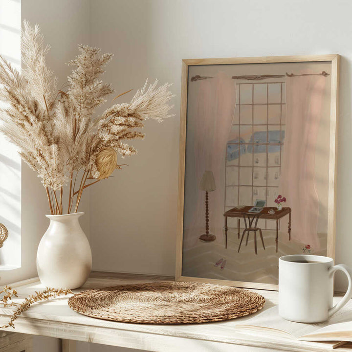 Paris Window View Illustration with Rustic Desk - Stretched Canvas Poster or Fine Art Print