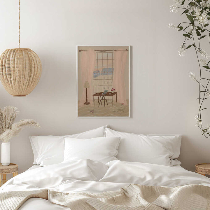 Paris Window View Illustration with Rustic Desk - Stretched Canvas Poster or Fine Art Print