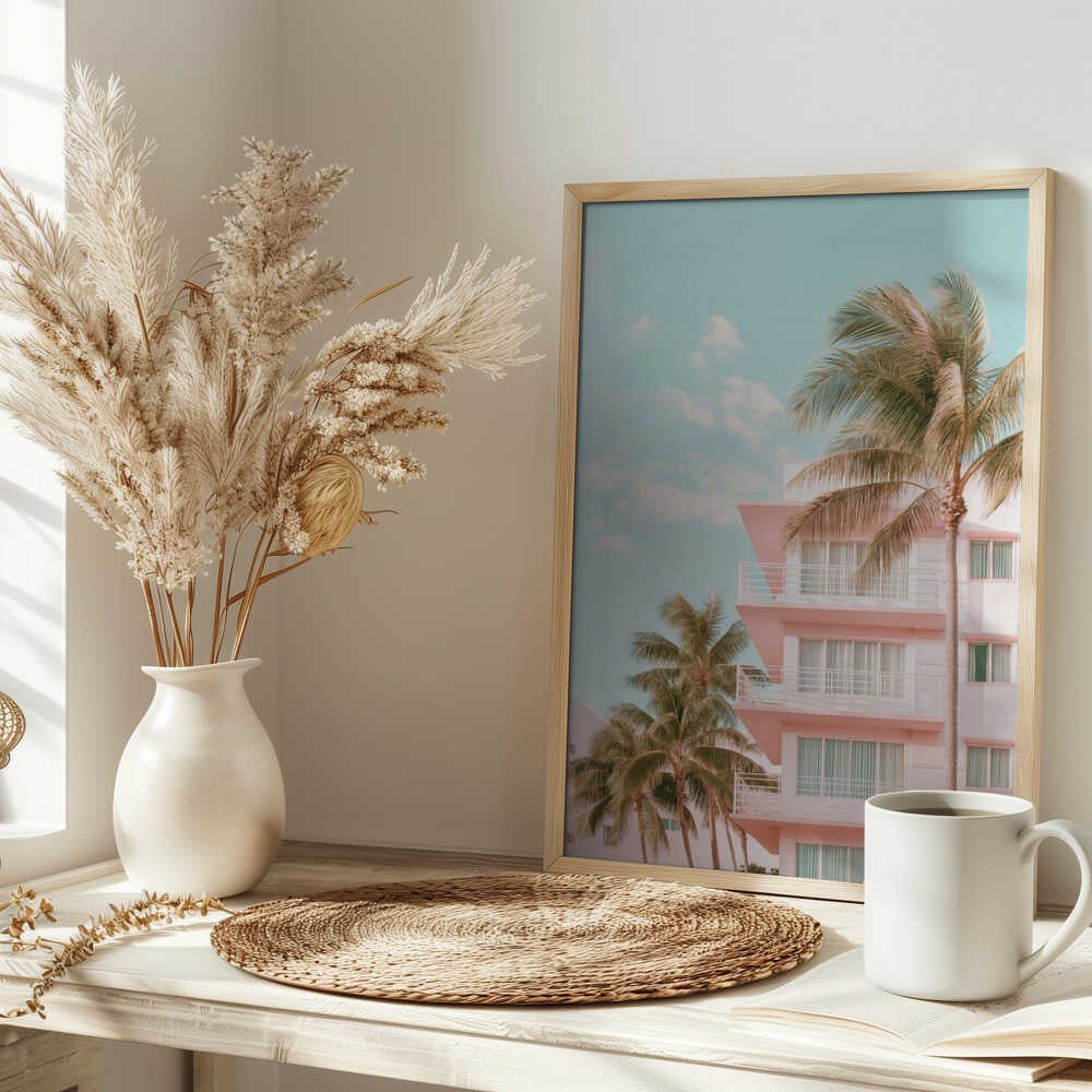 Pastel Building with Palm Trees - Stretched Canvas, Poster or Fine Art Print - I Heart Wall Art - Poster Print, Canvas Print or Framed Art Print