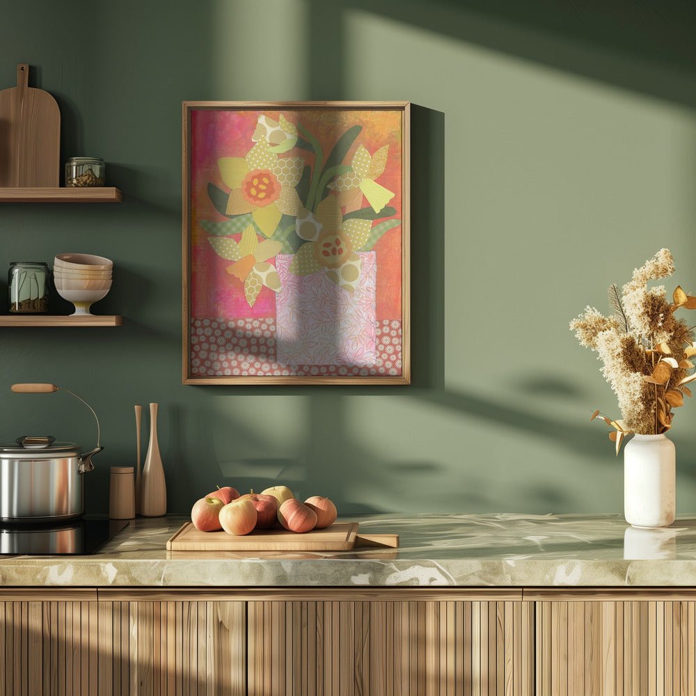 Patchwork Daffodil Still Life - Stretched Canvas, Poster or Fine Art Print - I Heart Wall Art - Poster Print, Canvas Print or Framed Art Print