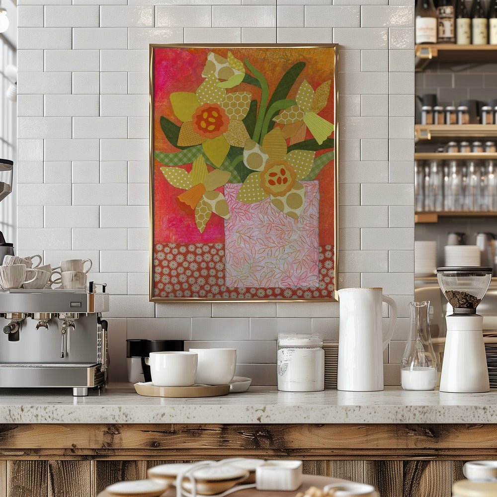 Patchwork Daffodil Still Life - Stretched Canvas, Poster or Fine Art Print - I Heart Wall Art - Poster Print, Canvas Print or Framed Art Print