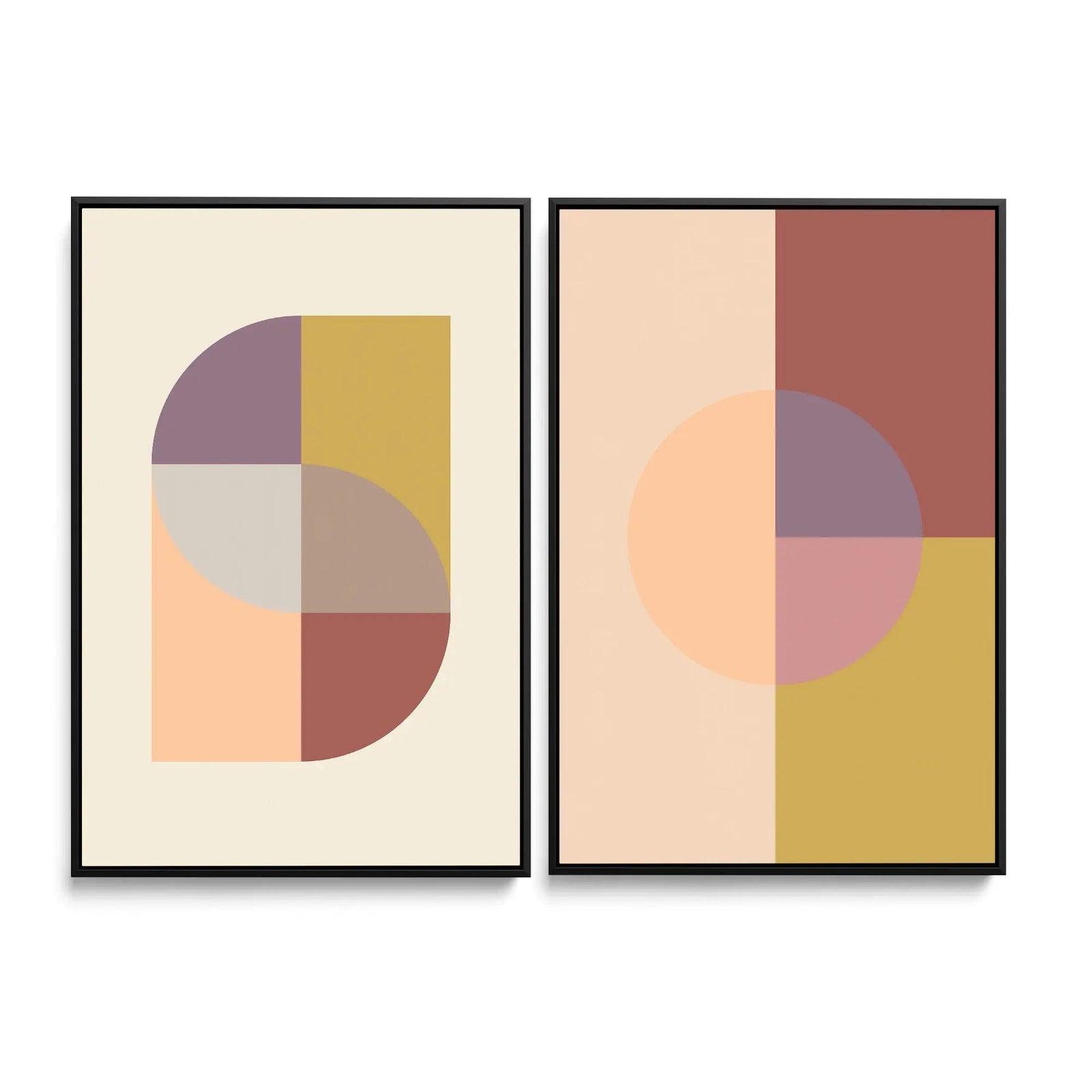 Two minimalist abstract art prints in black frames featuring geometric compositions in soft earthy tones peach 31 and 36