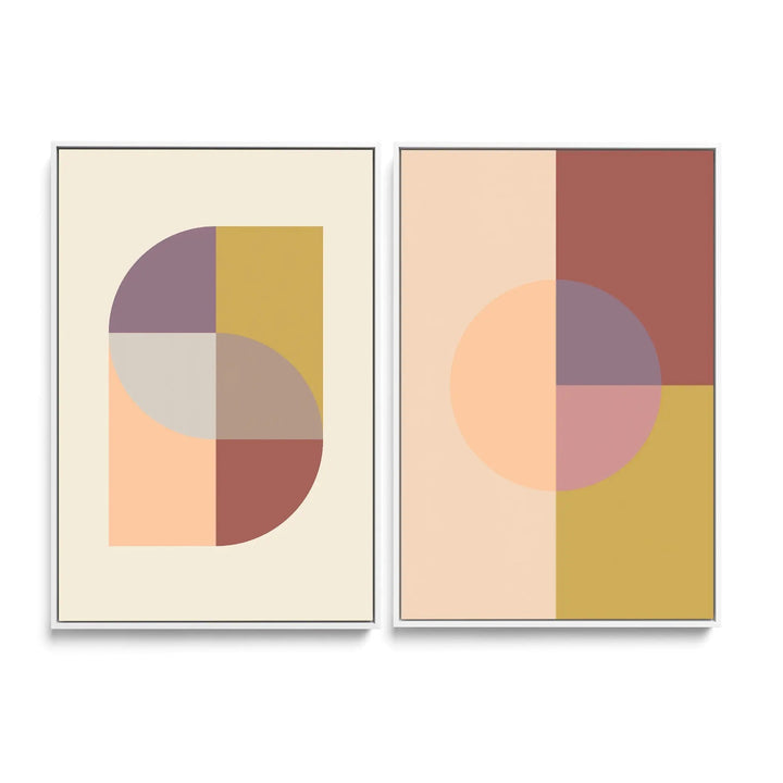 Two piece geometric print set peach 31 and 36 featuring minimalist abstract art in muted earth tones with white frames