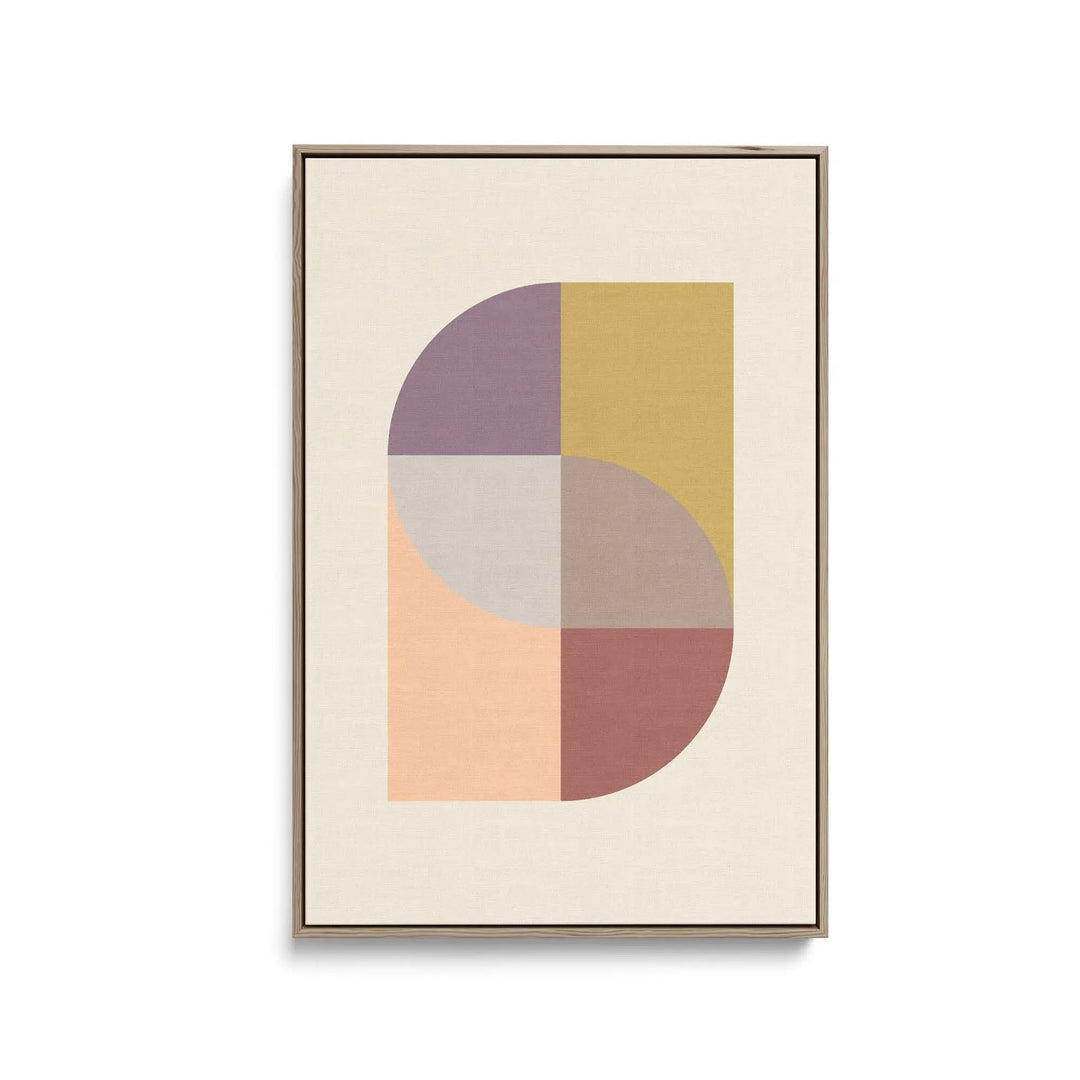 Modern abstract art print peach 31 with muted purple ochre yellow peach and terracotta tones in slender metallic frame