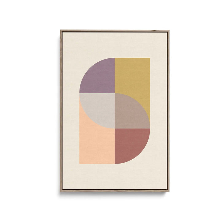 Modern abstract art print peach 31 with muted purple ochre yellow peach and terracotta tones in slender metallic frame