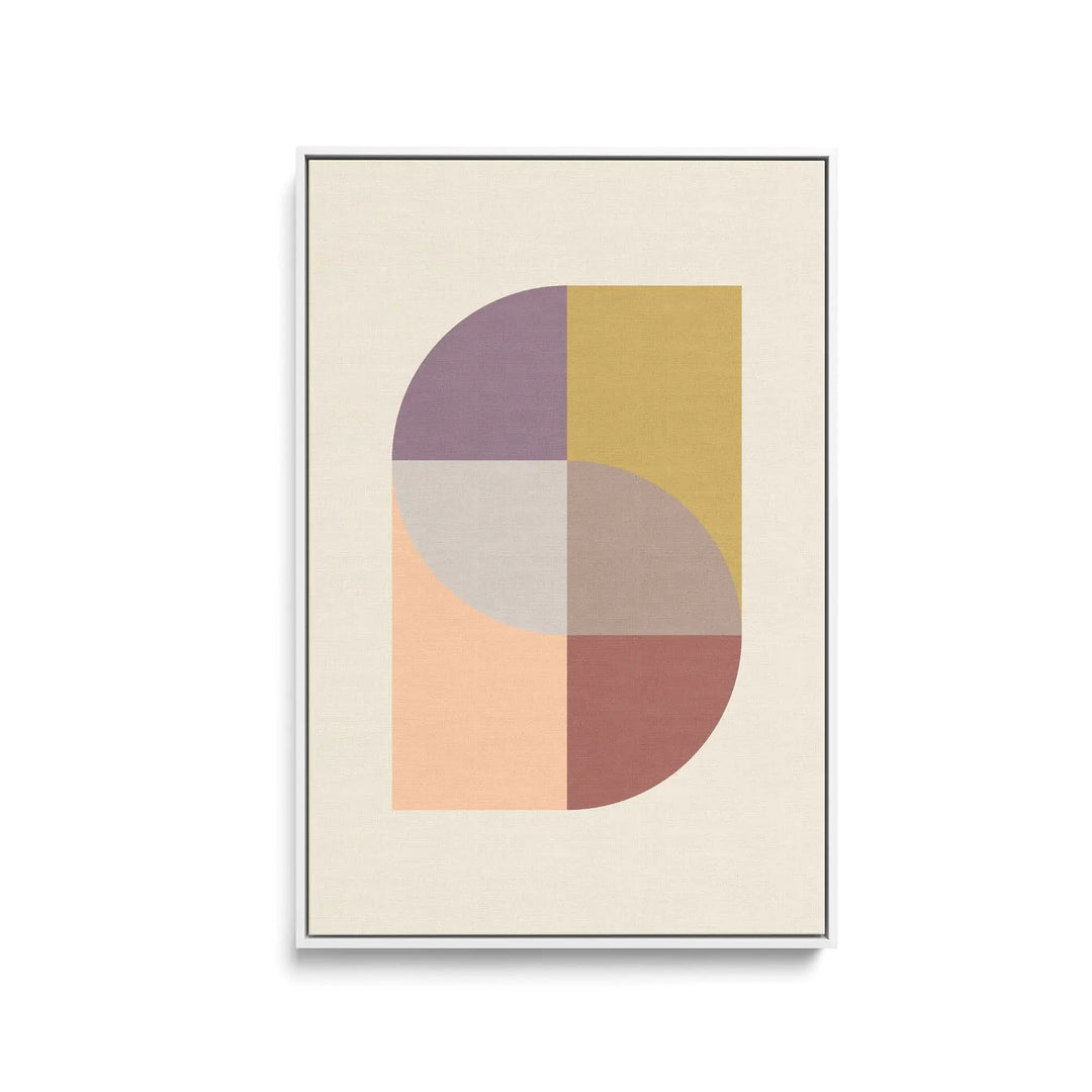 Peach 31 geometric stretched canvas print with soft earth tones in muted purple yellow peach and terracotta on off-white