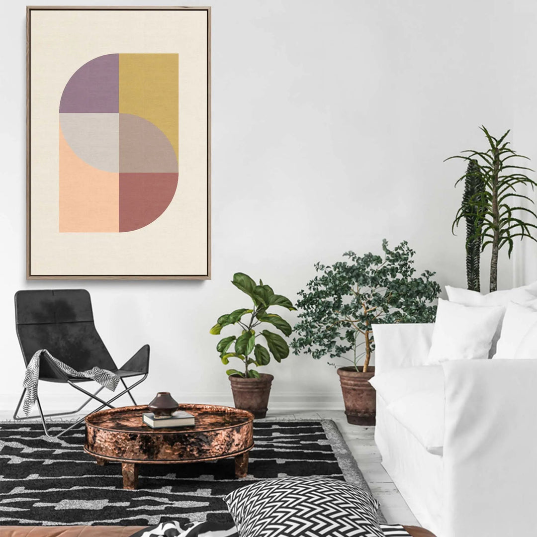 Peach 31 geometric stretched canvas print with abstract pastel purple yellow peach and terracotta design on off-white background