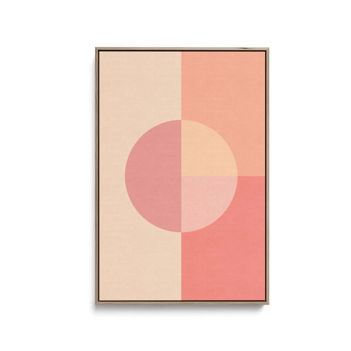 Peach 35 pastel geometric framed fine art print featuring minimalist pink and peach abstract shapes in a wooden frame
