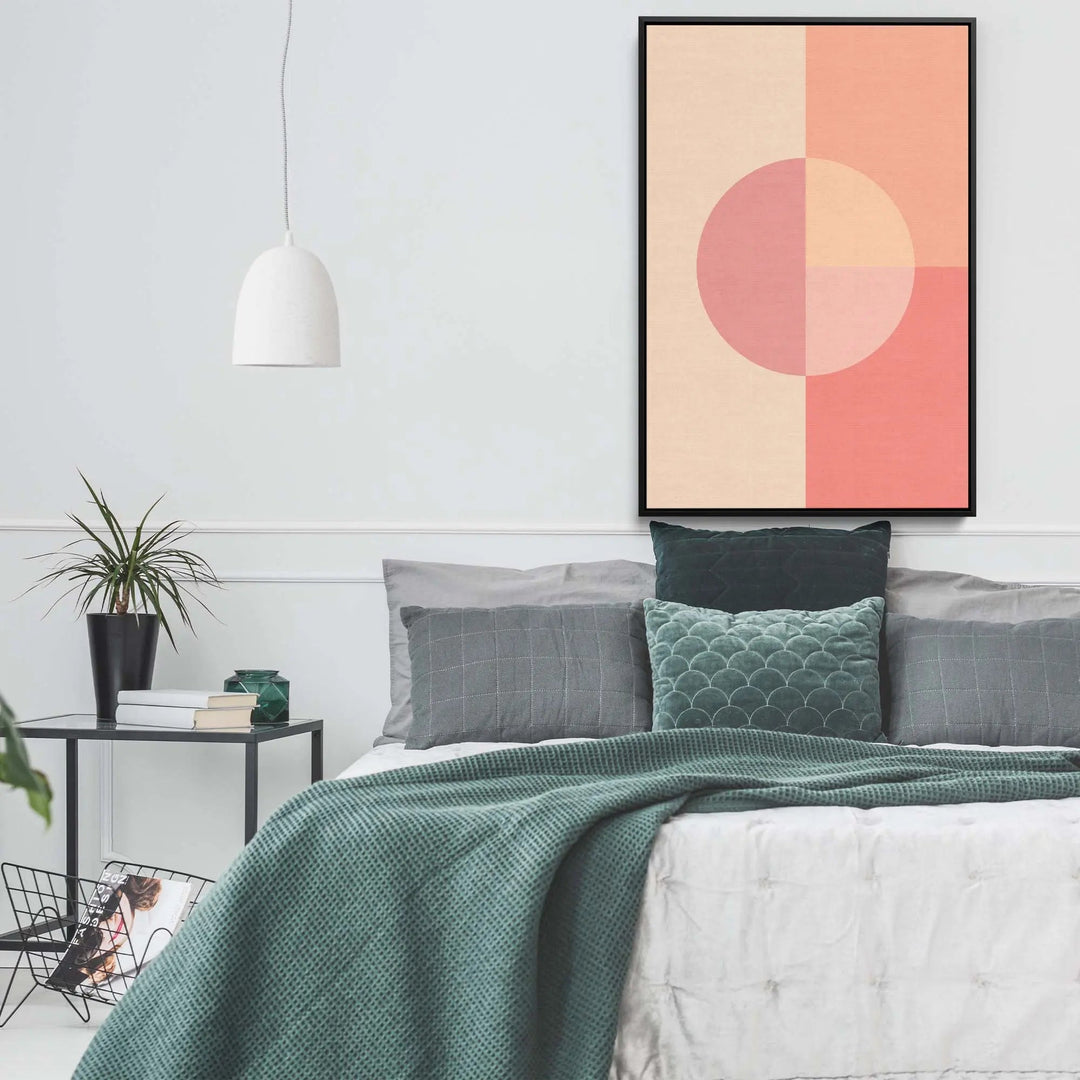 Peach 35 pastel geometric stretched canvas print with black frame featuring soft peach coral hues and concentric circles