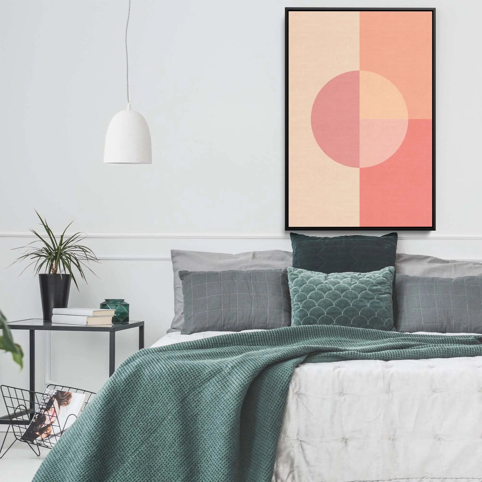 Peach 35 pastel geometric stretched canvas print with black frame featuring soft peach coral hues and concentric circles