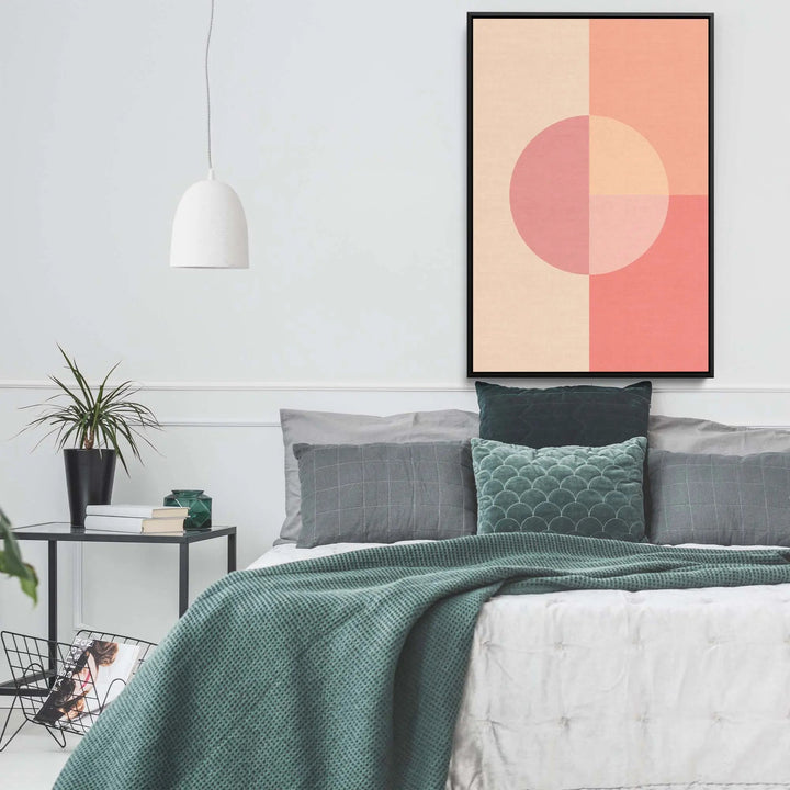 Peach 35 pastel geometric stretched canvas print with black frame featuring soft peach coral hues and concentric circles