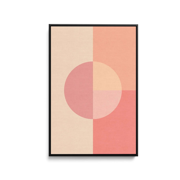 Minimalist abstract art print peach 35 with blush pink and peach tones in a black frame on stretched canvas