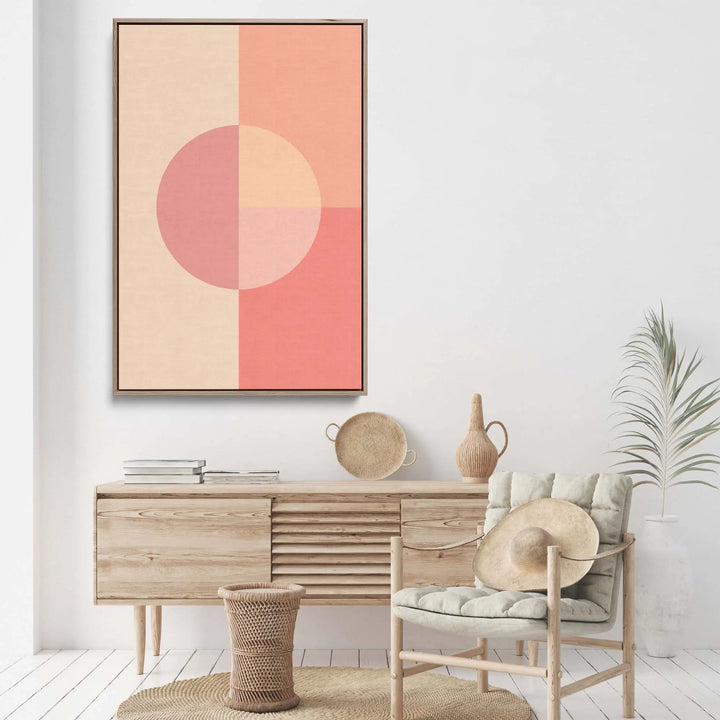 Minimalist abstract peach coral and cream geometric art print in a simple wooden frame on stretched canvas or fine art print