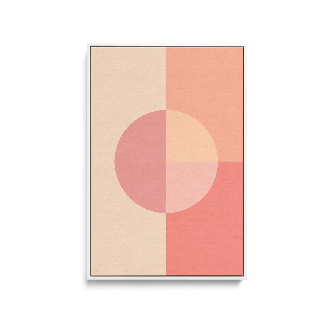 Minimalist abstract peach 35 pastel geometric stretched canvas print with soft pink circle on beige and coral tones framed white