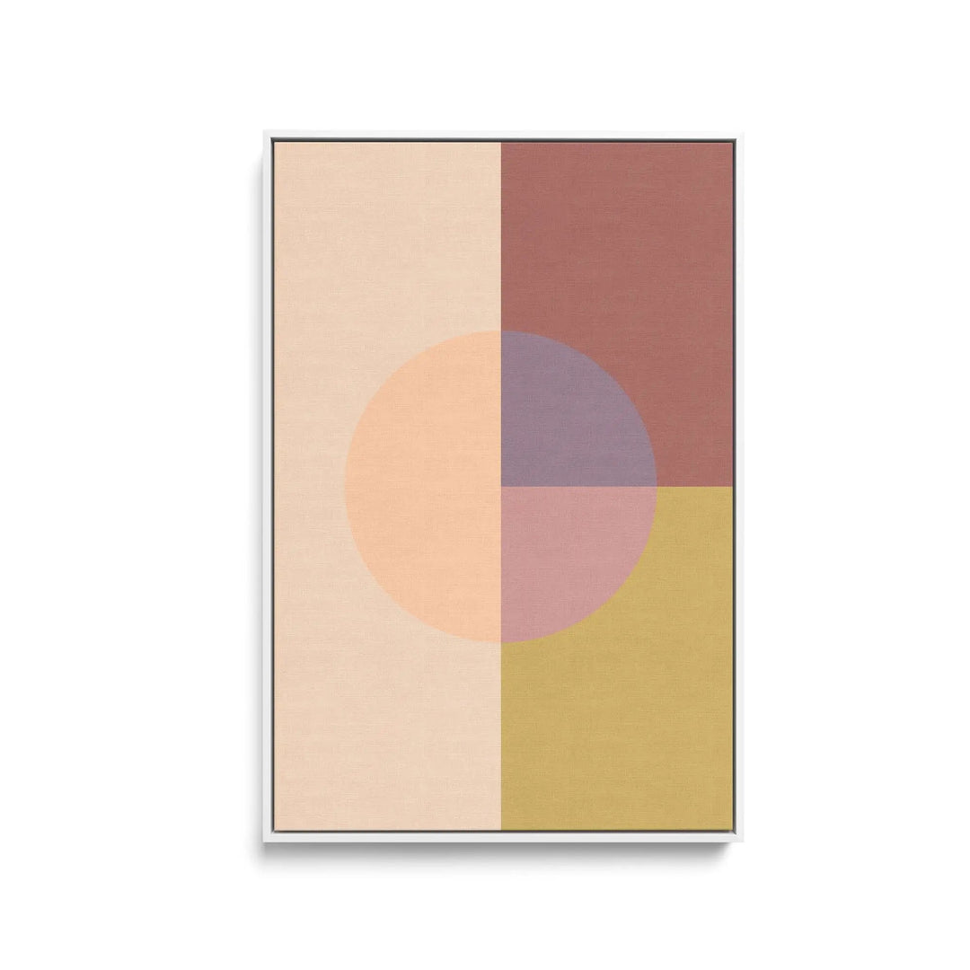 Peach 36 pastel geometric stretched canvas print featuring a soft peach circle overlapping terracotta mauve and olive panels