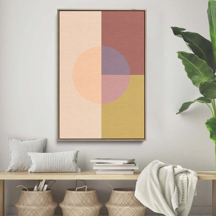 A modern abstract pastel geometric canvas print with soft peach muted rose and warm yellow overlapping circles
