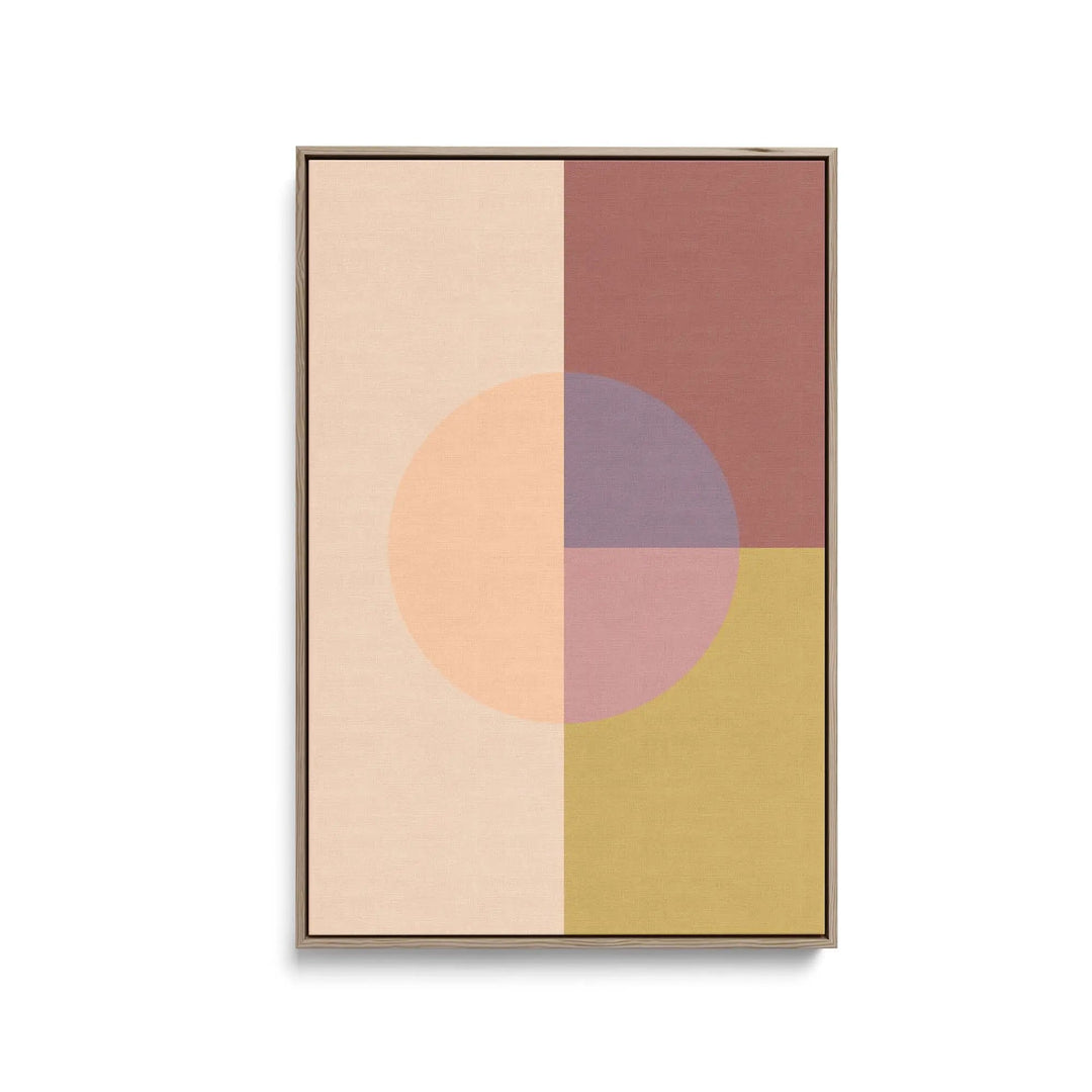Modern abstract pastel geometric stretched canvas print with peach circle overlapping terracotta mauve and olive panels in wooden frame