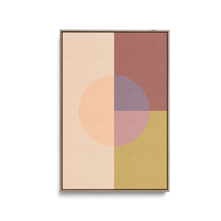 Modern abstract pastel geometric stretched canvas print with peach circle overlapping terracotta mauve and olive panels in wooden frame