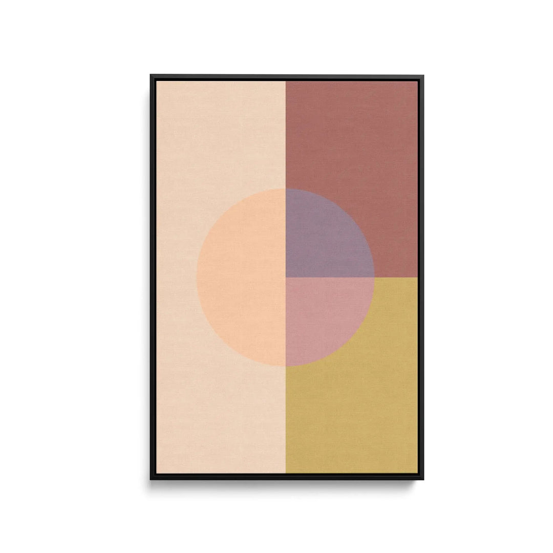 Minimalist abstract pastel geometric print in black frame with beige terracotta purple and olive green on stretched canvas