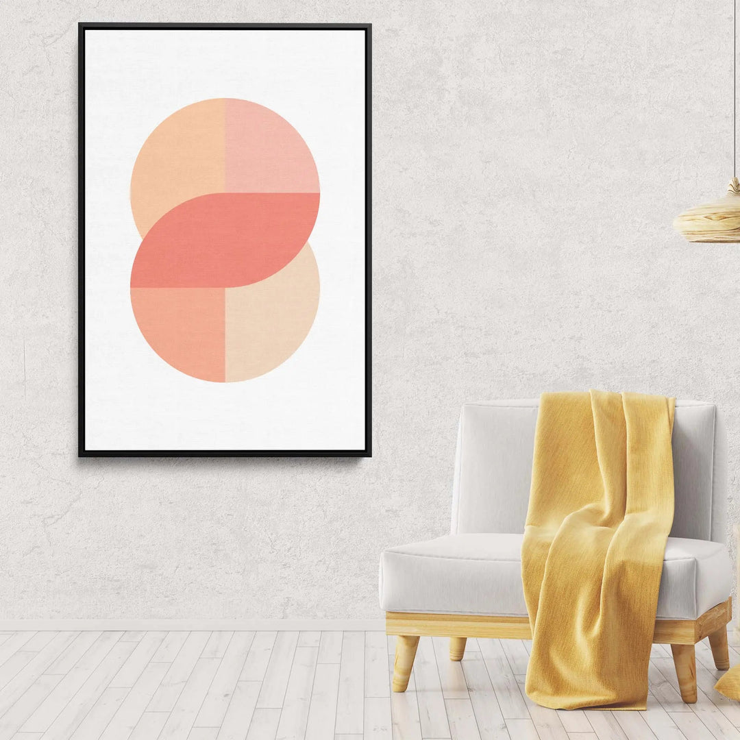 Peach 41 minimalist abstract art print with overlapping peach and coral circles on white background in black frame