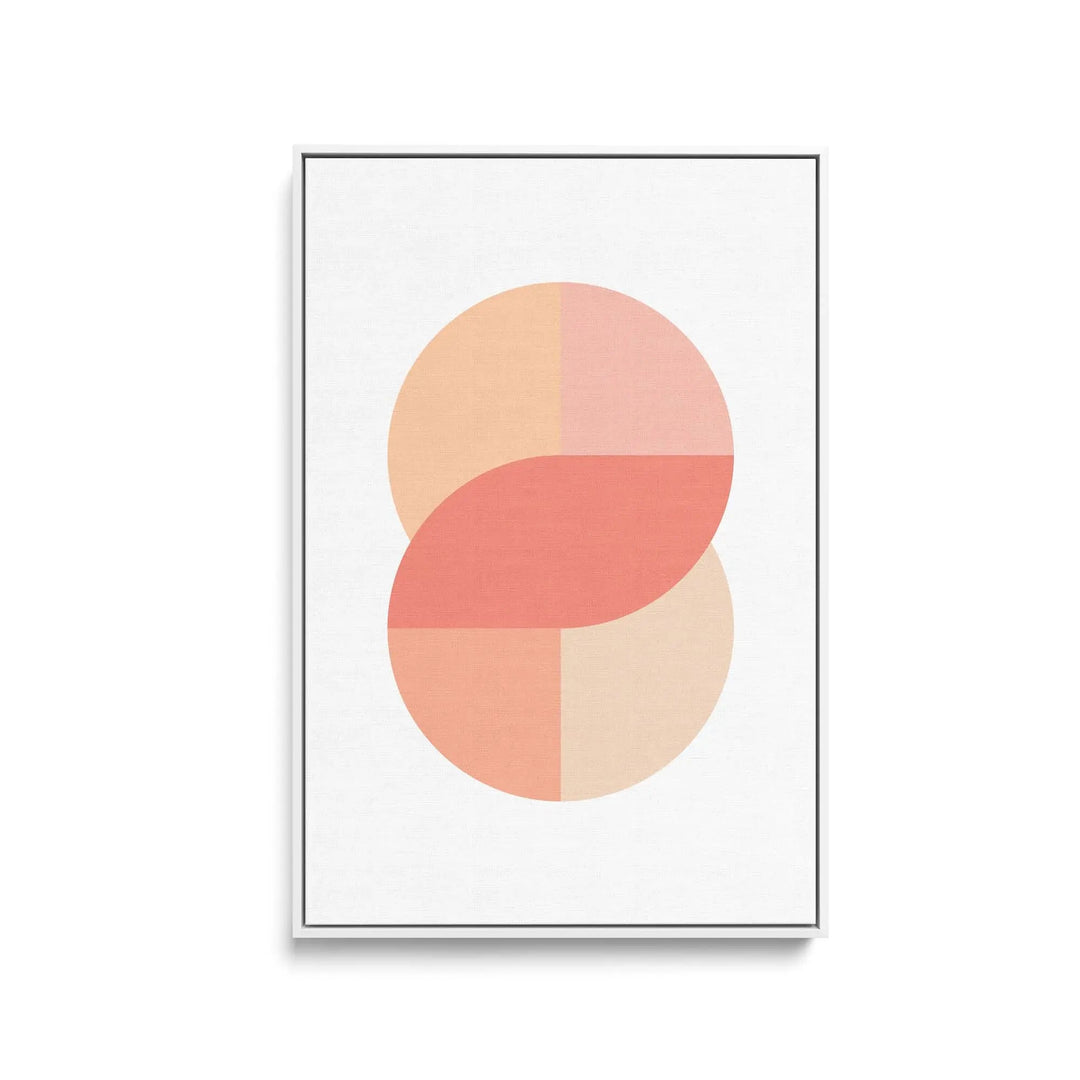 Minimalist abstract art print featuring overlapping peach and coral circles in a white framed pastel geometric design