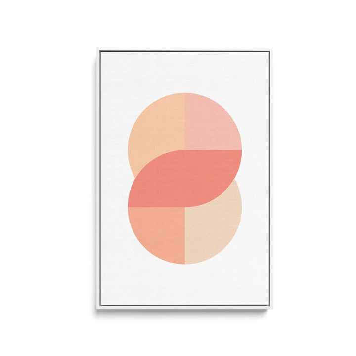 Minimalist abstract art print featuring overlapping peach and coral circles in a white framed pastel geometric design